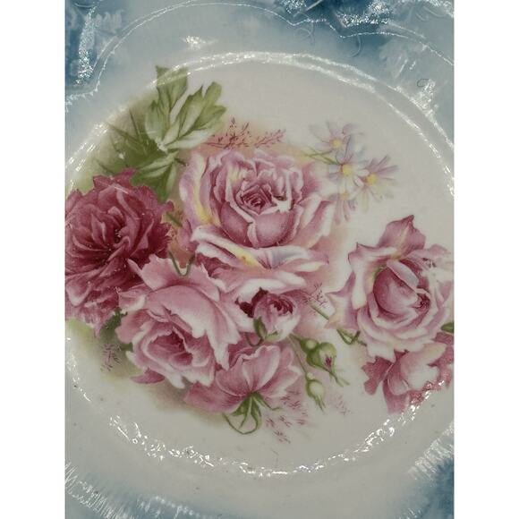 RS Prussia Antique Blue Cake Plate Pink Roses 1910 - Picture 2 of 8